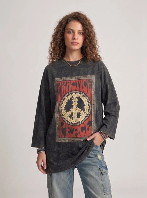 Flower Peace Long Sleeves Washed T-Shirt