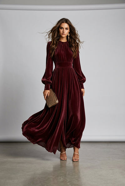 French Velvet High Waist Evening Gown | Stand Collar Lantern Sleeve Maxi Dress