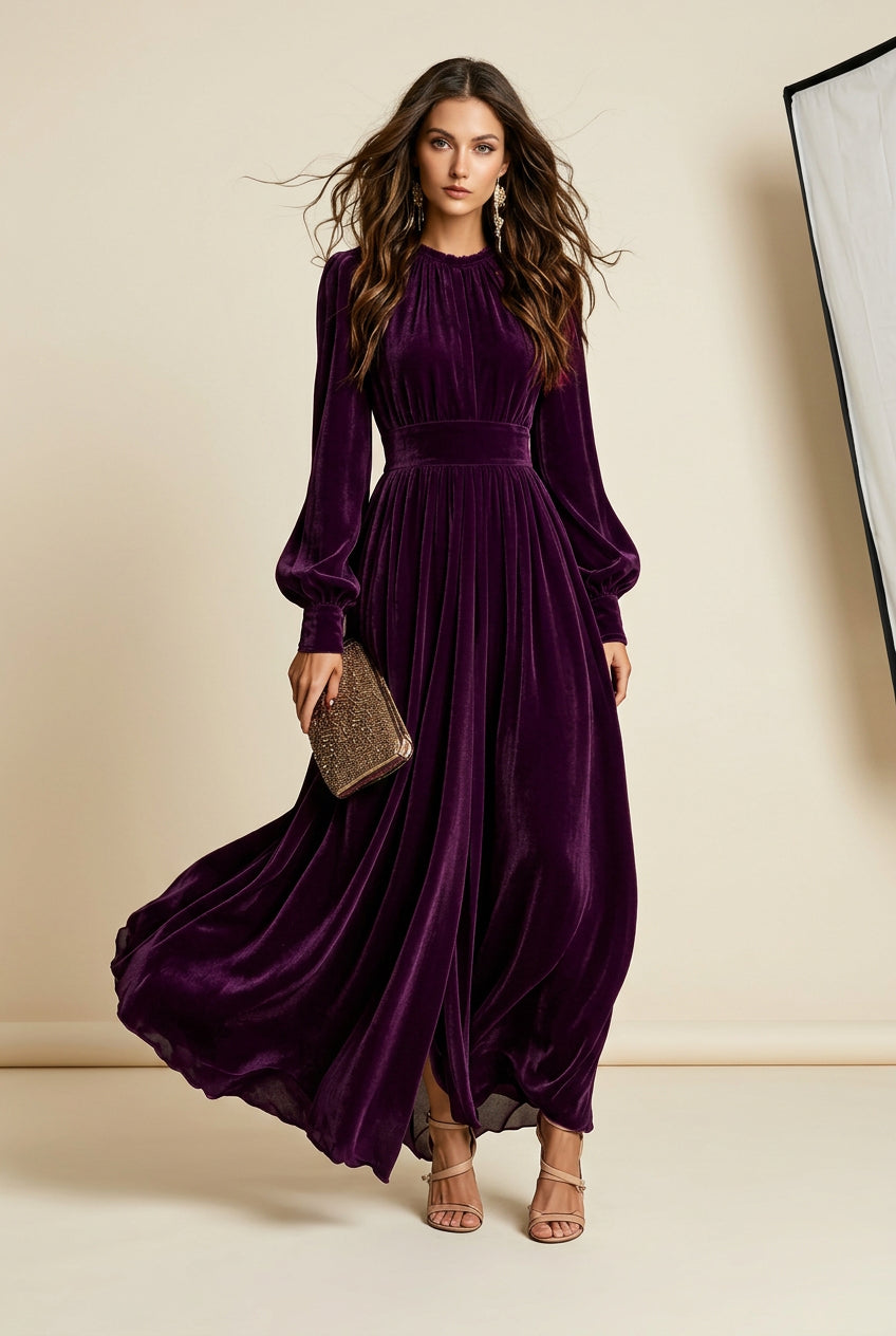 French Velvet High Waist Evening Gown | Stand Collar Lantern Sleeve Maxi Dress