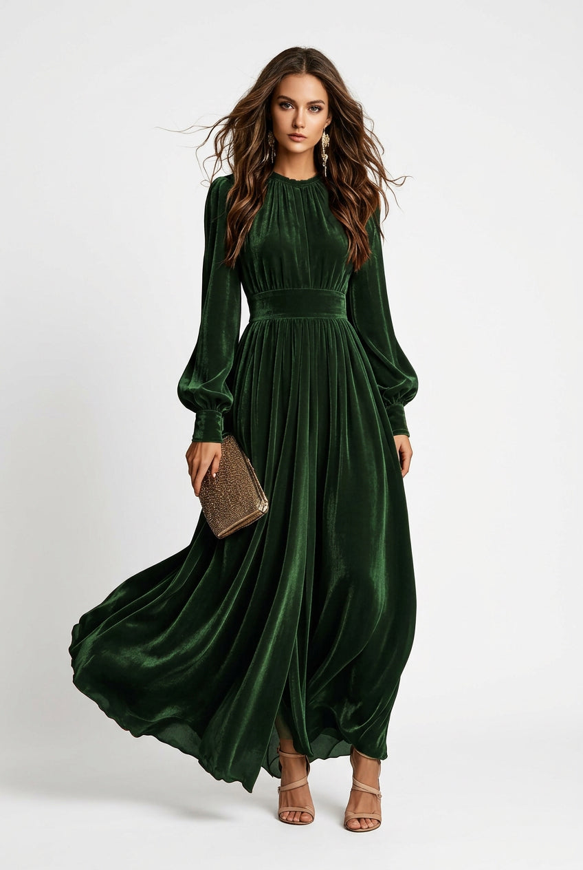 French Velvet High Waist Evening Gown | Stand Collar Lantern Sleeve Maxi Dress