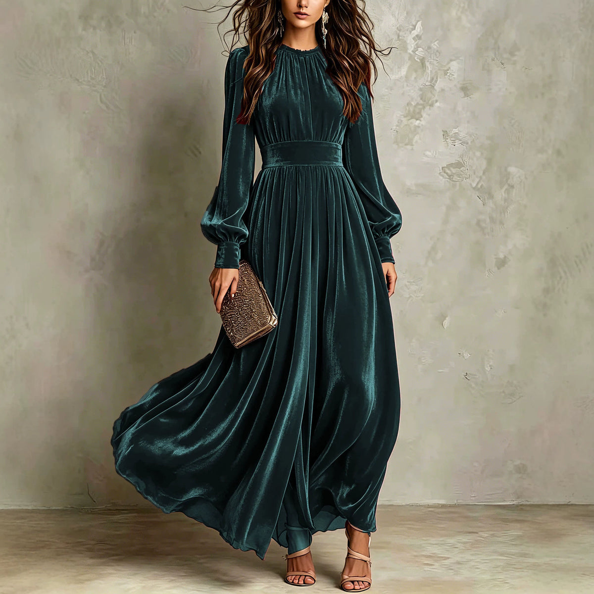 French Velvet High Waist Evening Gown | Stand Collar Lantern Sleeve Maxi Dress