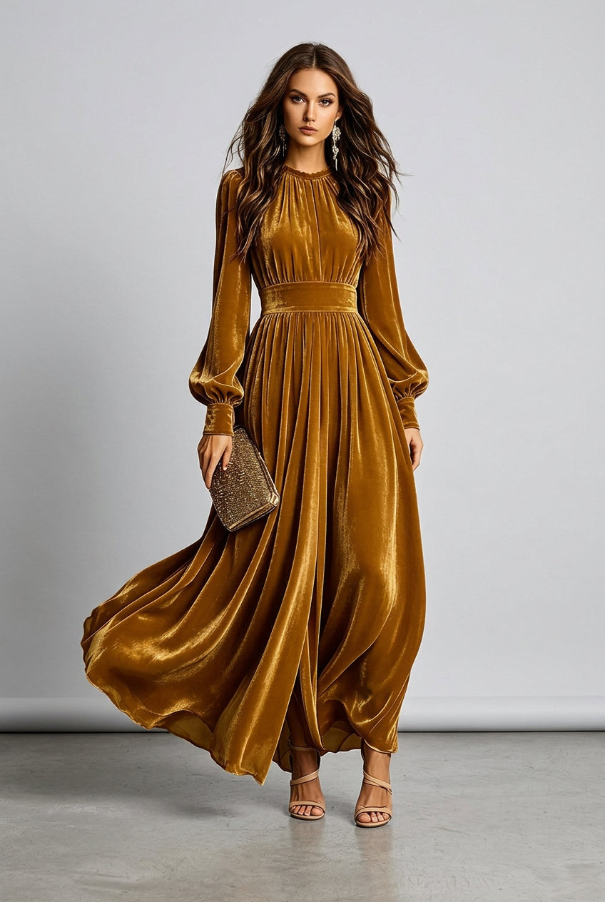 French Velvet High Waist Evening Gown | Stand Collar Lantern Sleeve Maxi Dress