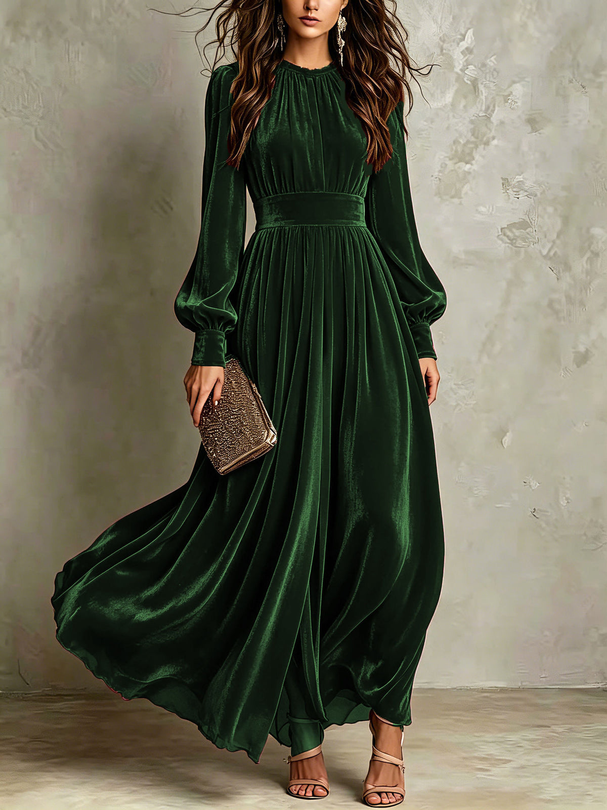 French Velvet High Waist Evening Gown | Stand Collar Lantern Sleeve Maxi Dress