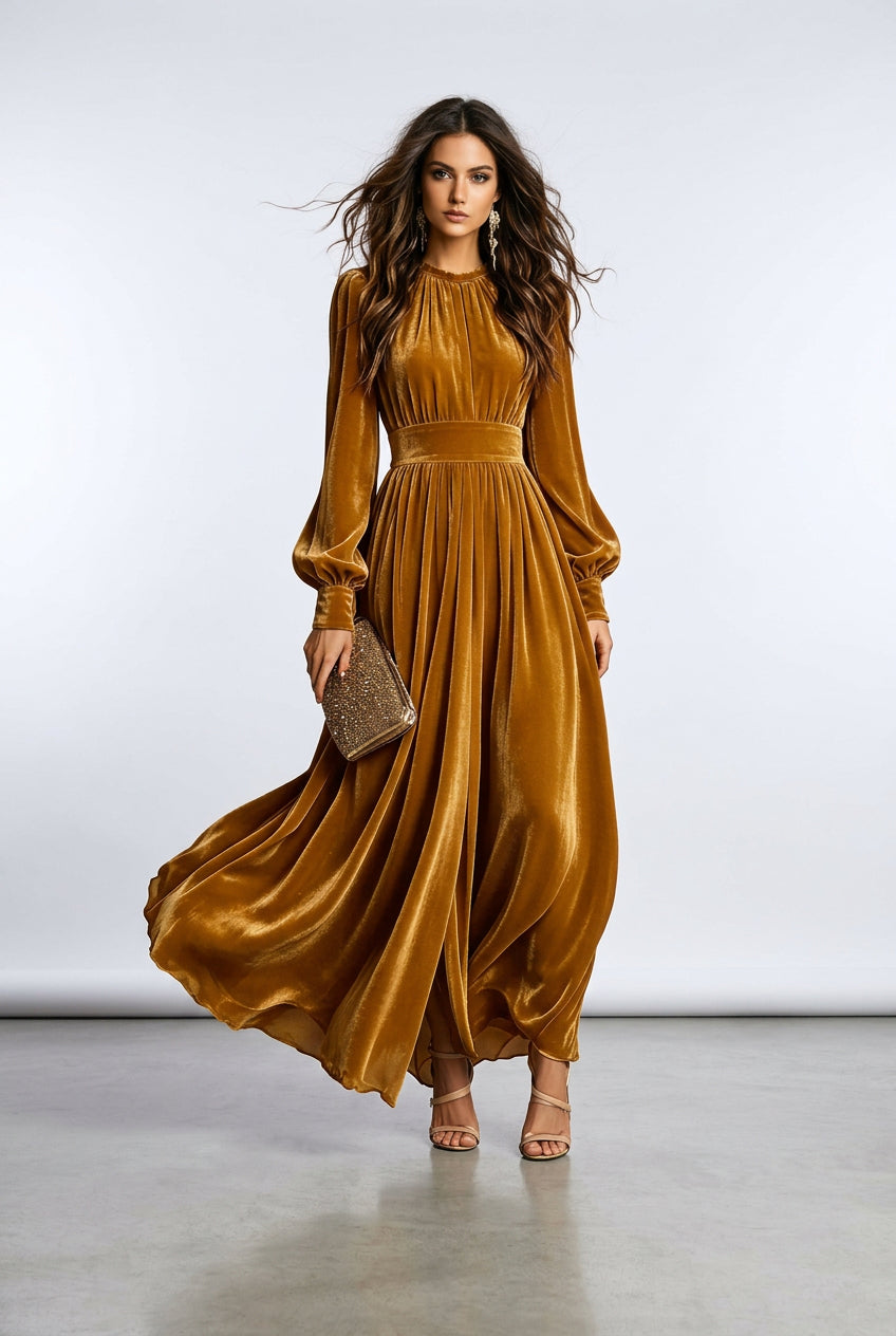 French Velvet High Waist Evening Gown | Stand Collar Lantern Sleeve Maxi Dress