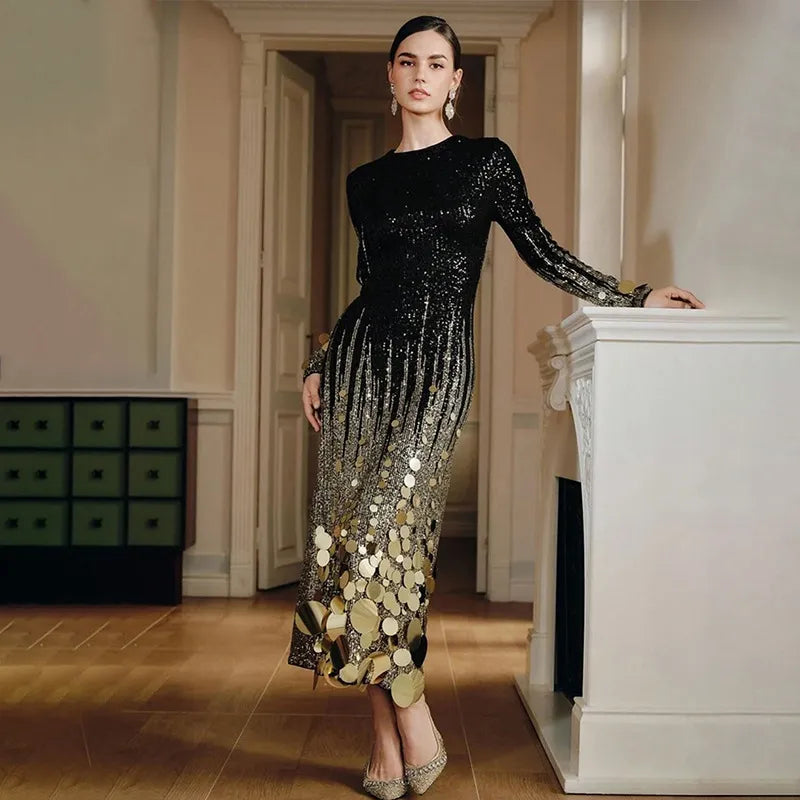 Gold Sequin Bodycon Dress | Long Sleeve Evening Gown