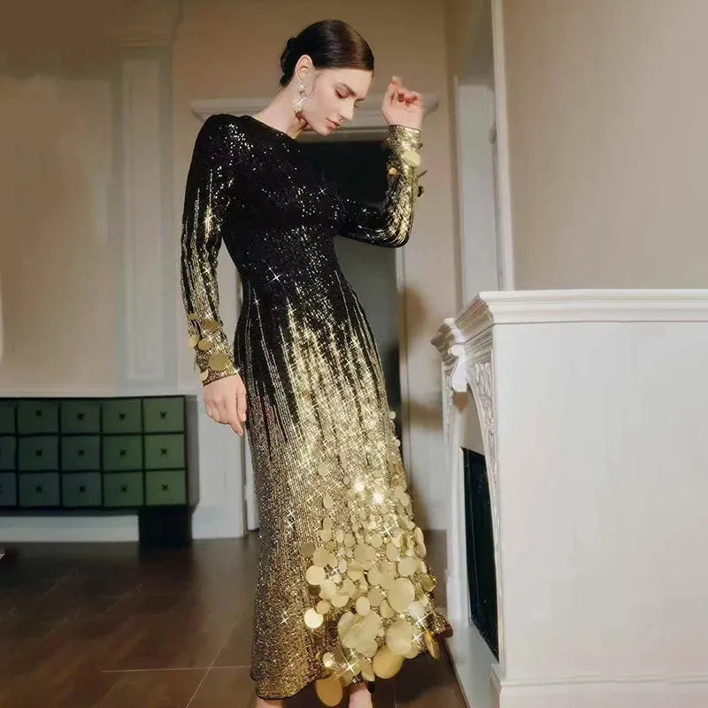 Gold Sequin Bodycon Dress | Long Sleeve Evening Gown