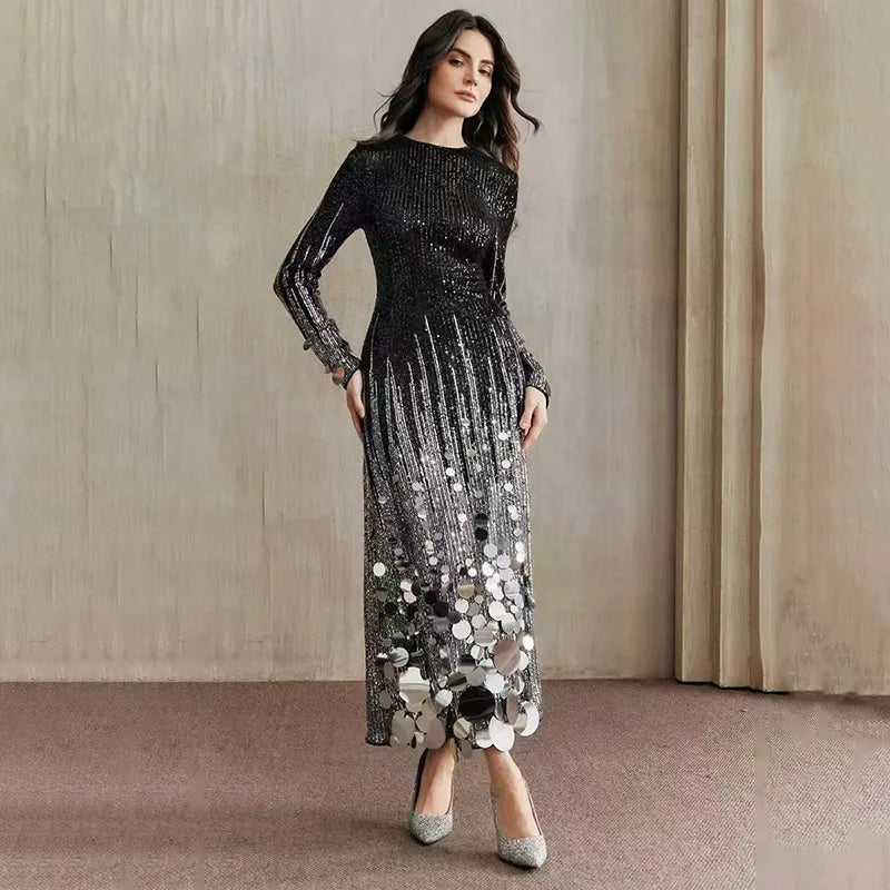 Gold Sequin Bodycon Dress | Long Sleeve Evening Gown