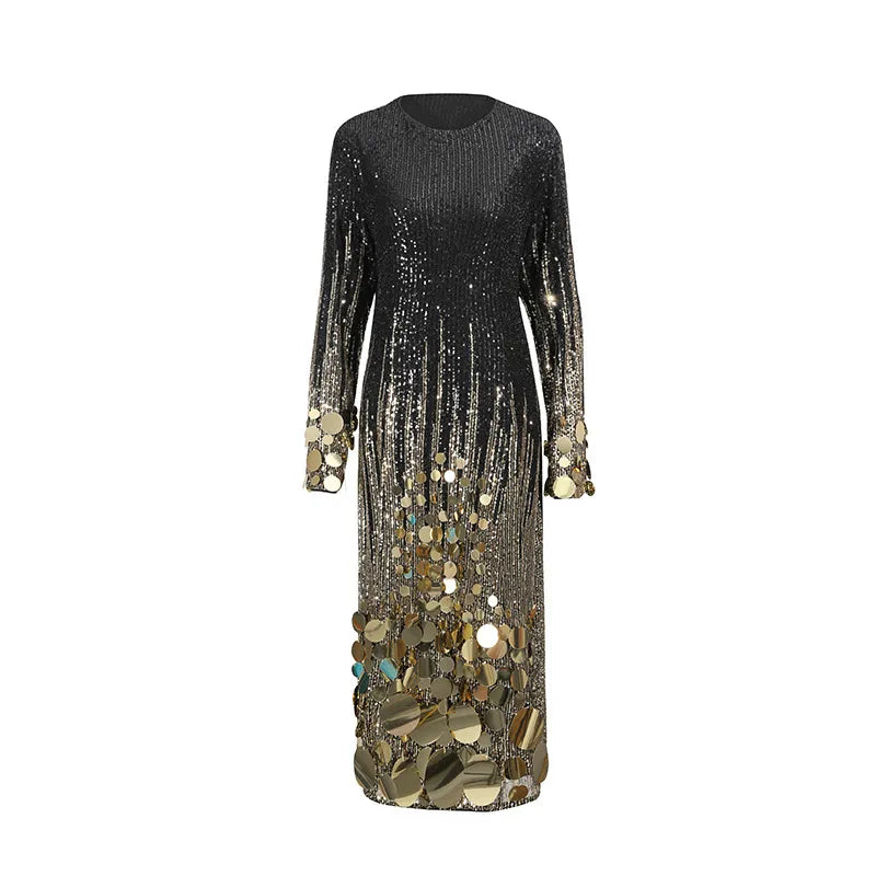 Gold Sequin Bodycon Dress | Long Sleeve Evening Gown