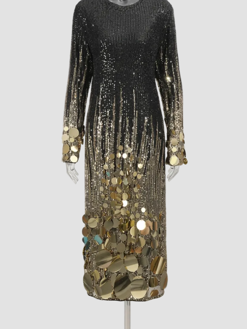 Gold Sequin Bodycon Dress | Long Sleeve Evening Gown