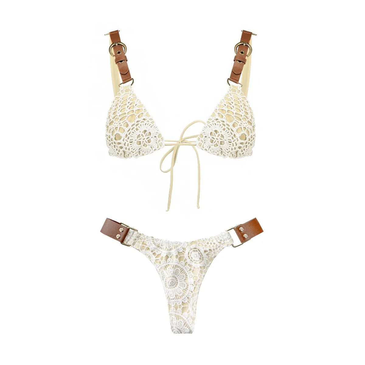 White Crochet 3 Piece Bikini Set Women Swimsuit Tatting Beachwear Secondary image