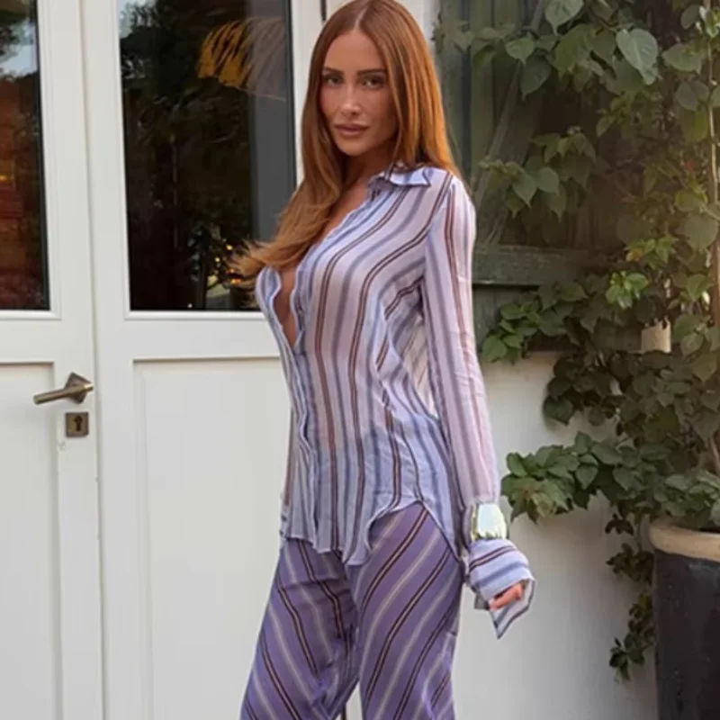 Women's See-Through Striped Blouse & Wide Leg Pants Set Main image
