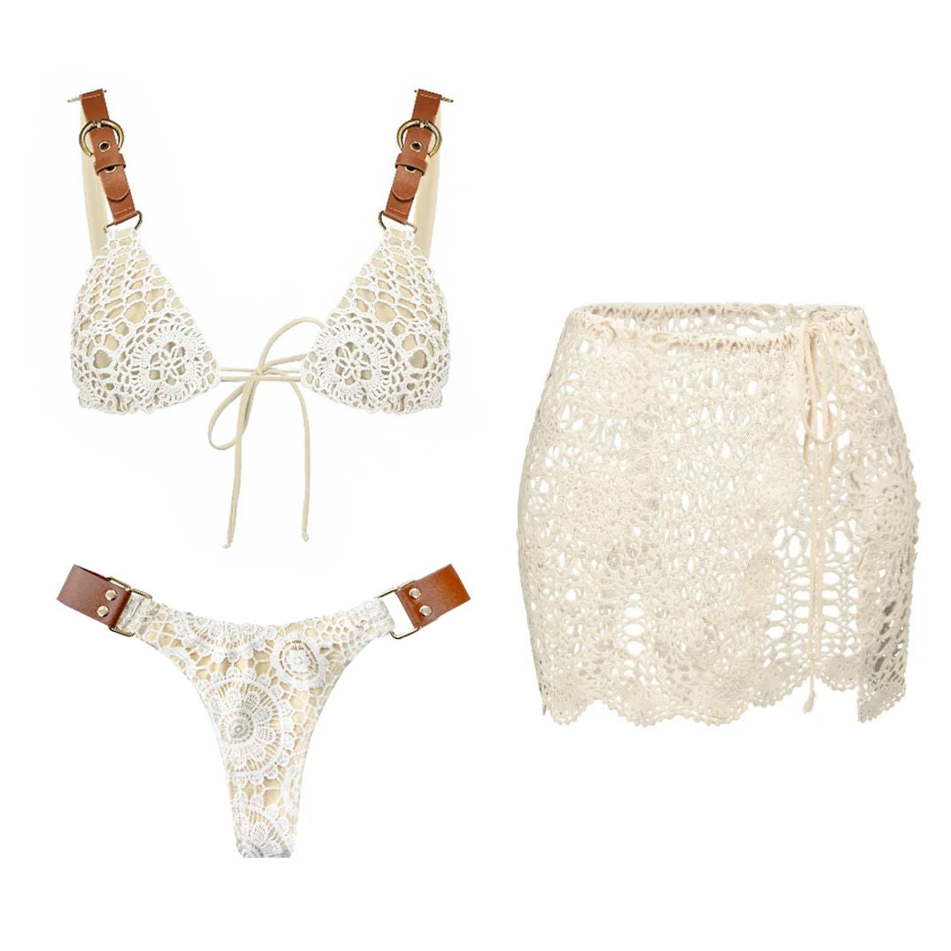 White Crochet 3 Piece Bikini Set Women Swimsuit Tatting Beachwear Main image