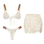 White Crochet 3 Piece Bikini Set Women Swimsuit Tatting Beachwear