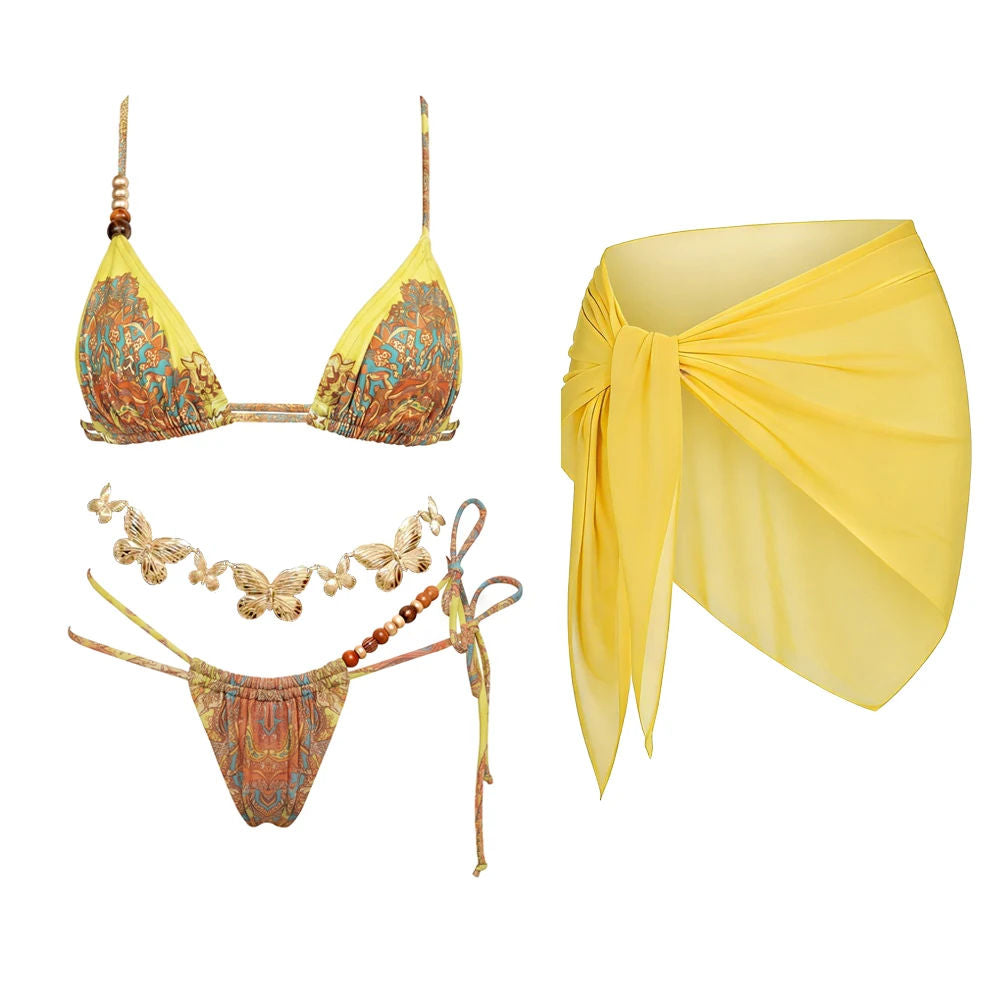 Beaded Print Halter Bikini Set High Leg Low Waist Secondary image