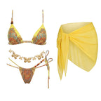 Beaded Print Halter Bikini Set High Leg Low Waist