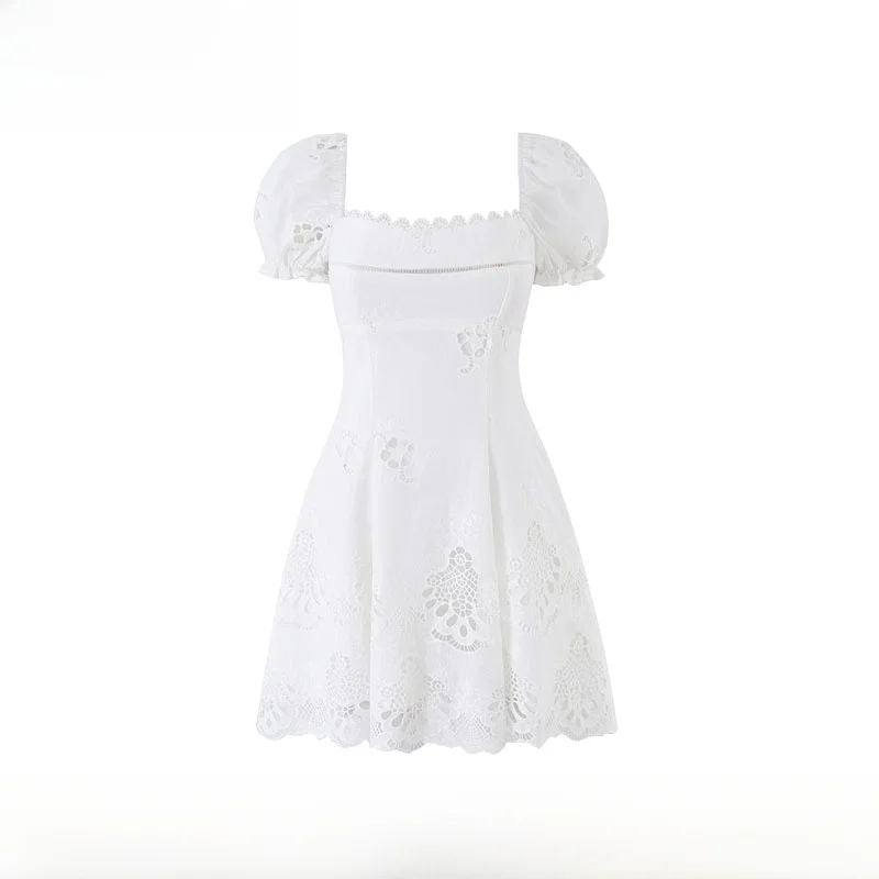 Women's Cotton Lace Embroidered Hollow Out Bubble Sleeve A-Line Mini Dress Main image
