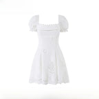 Women's Cotton Lace Embroidered Hollow Out Bubble Sleeve A-Line Mini Dress