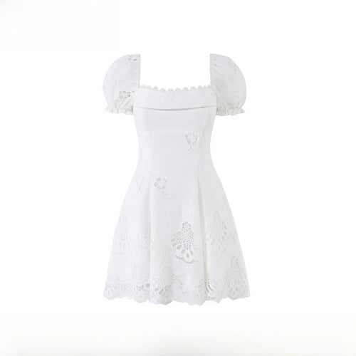 Women's Cotton Lace Embroidered Hollow Out Bubble Sleeve A-Line Mini Dress