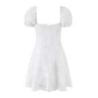 Women's Cotton Lace Embroidered Hollow Out Bubble Sleeve A-Line Mini Dress