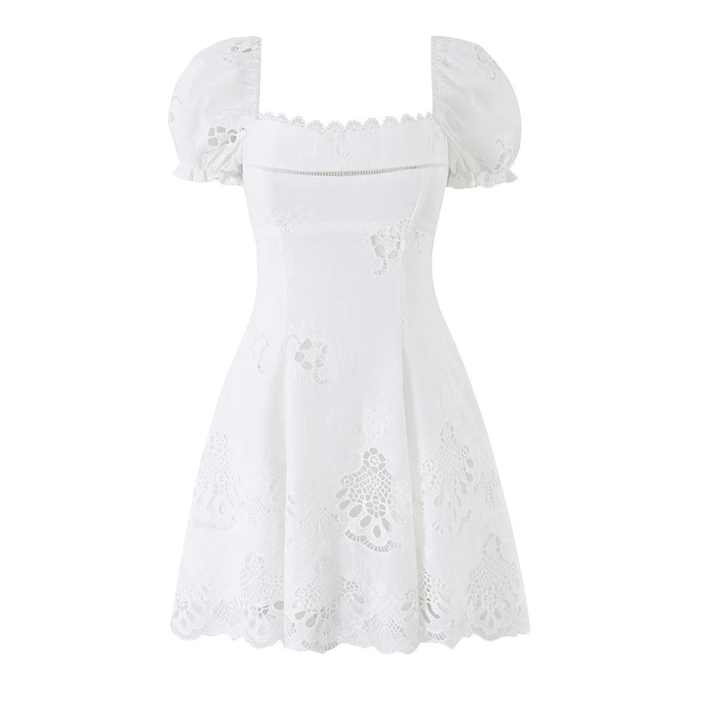 Women's Cotton Lace Embroidered Hollow Out Bubble Sleeve A-Line Mini Dress