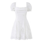 Women's Cotton Lace Embroidered Hollow Out Bubble Sleeve A-Line Mini Dress