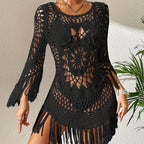 Women's Crochet Beach Cover-Up Tassel Cutout Three-Quarter Sleeve Round Neck