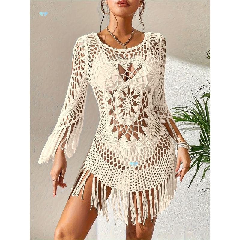Women's Crochet Beach Cover-Up Tassel Cutout Three-Quarter Sleeve Round Neck Secondary image