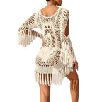 Women's Crochet Beach Cover-Up Tassel Cutout Three-Quarter Sleeve Round Neck