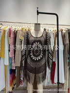 Women's Crochet Beach Cover-Up Tassel Cutout Three-Quarter Sleeve Round Neck