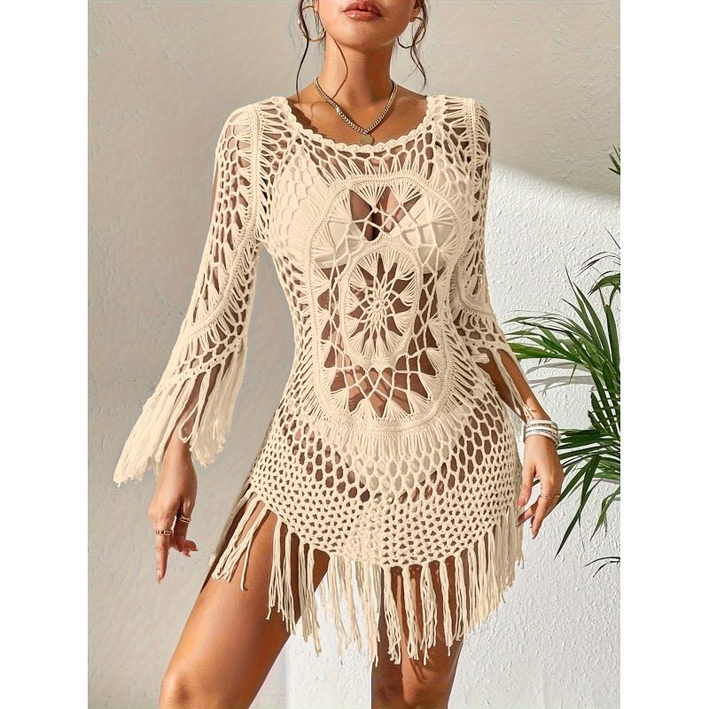 Women's Crochet Beach Cover-Up Tassel Cutout Three-Quarter Sleeve Round Neck Main image