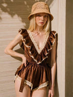 Women's French Retro Maillard Ruffle Hem Jumpsuit With Unique Design