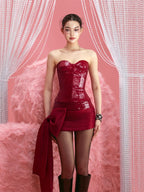 Women's Red Bow Bandeau Top And Bodycon Skirt Two-Piece Set