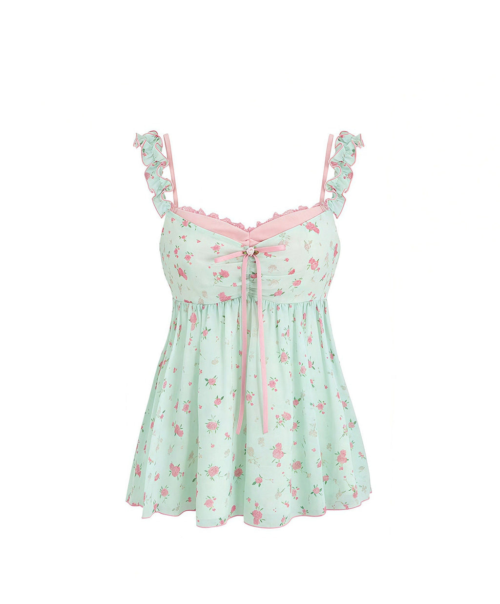 Pure Desire Sweet Floral Camisole Top Women's Mint Green Ruffle Loose Casual