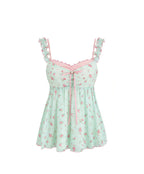Pure Desire Sweet Floral Camisole Top Women's Mint Green Ruffle Loose Casual