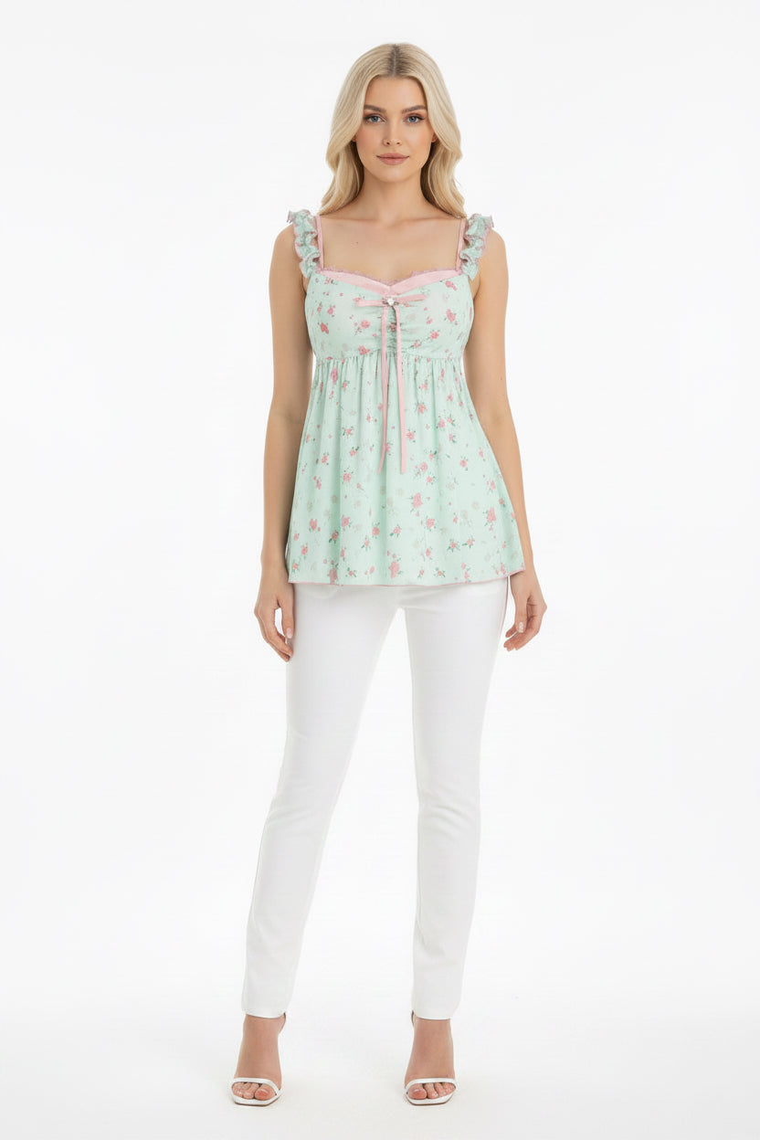 Pure Desire Sweet Floral Camisole Top Women's Mint Green Ruffle Loose Casual Main image