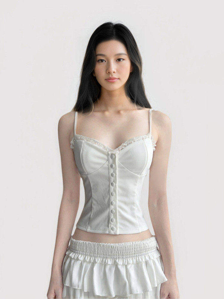 Lace Trim Button Front Camisole Top White S M L