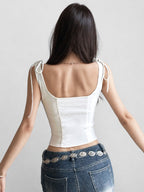Women's White Tie-Detail Split Waist Camisole Top Sexy Low-Cut Slim