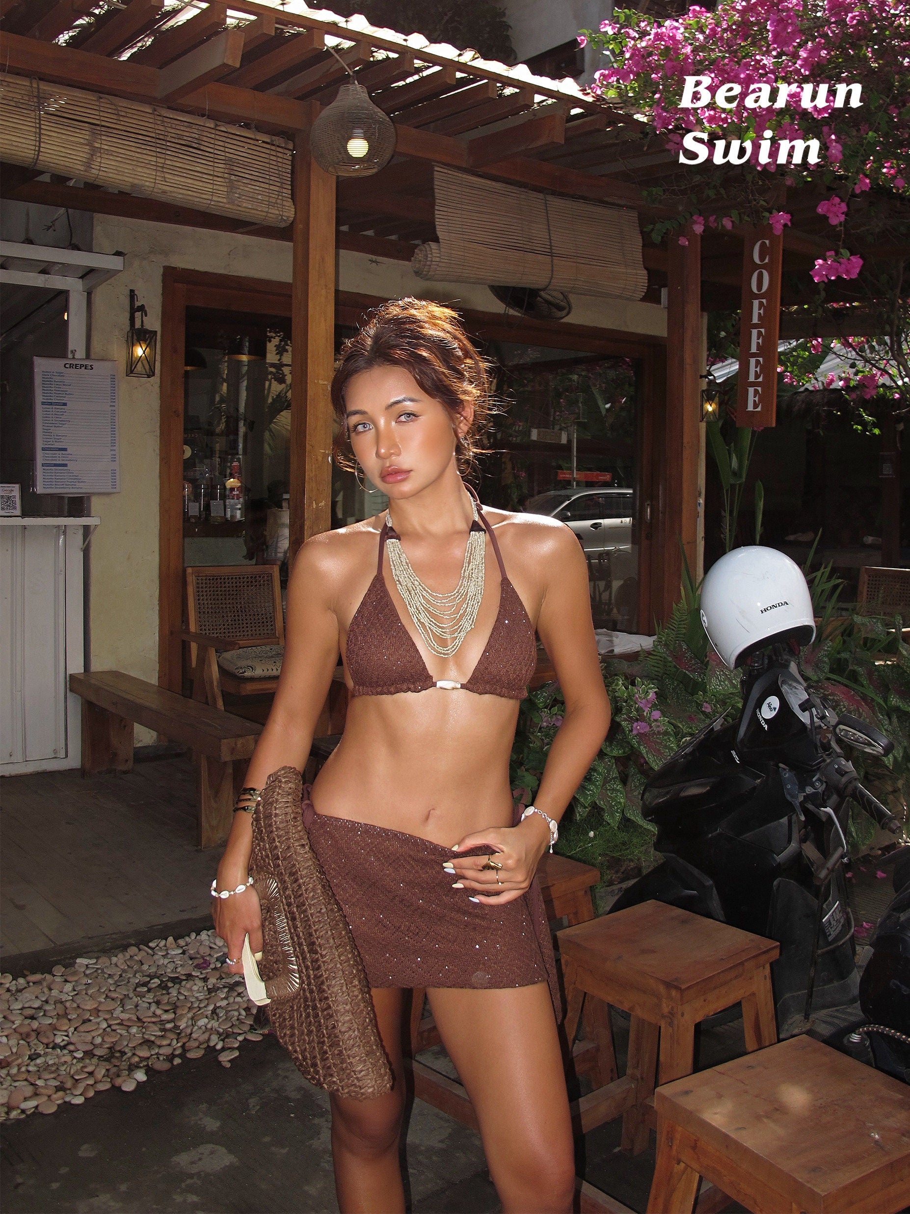Women's Sexy Coffee Brown Bikini Three-Piece Set With Skirt