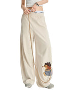Leash Puppy Embroidery Straight Wide Leg Pants Casual Loose Walking Trousers Flattering Long Pants
