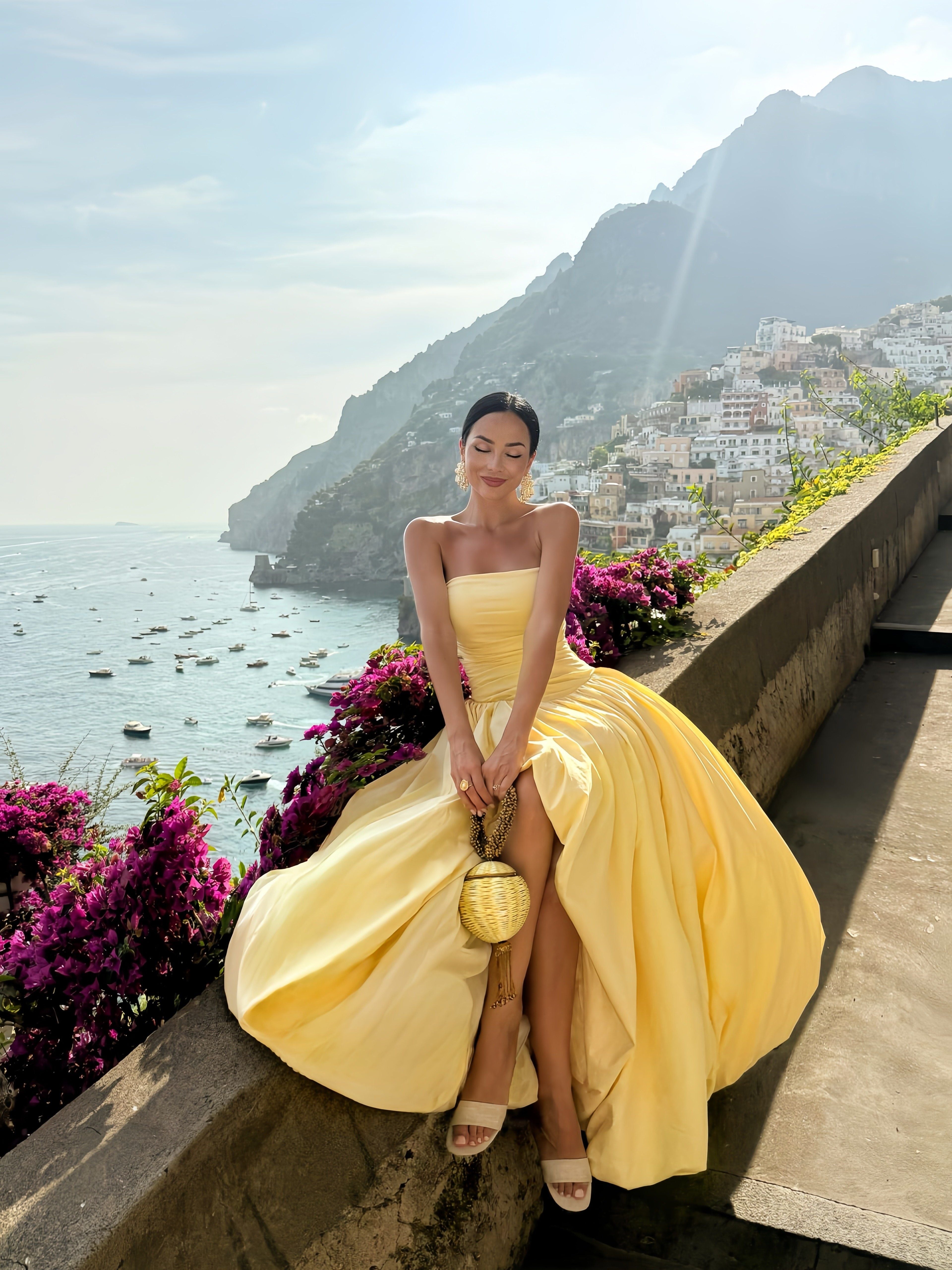 French Style Off-Shoulder Split Midi Dress Ruched Waist Slimming A-Line Skirt Vacation Main image