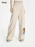 Leash Puppy Embroidery Straight Wide Leg Pants Casual Loose Walking Trousers Flattering Long Pants