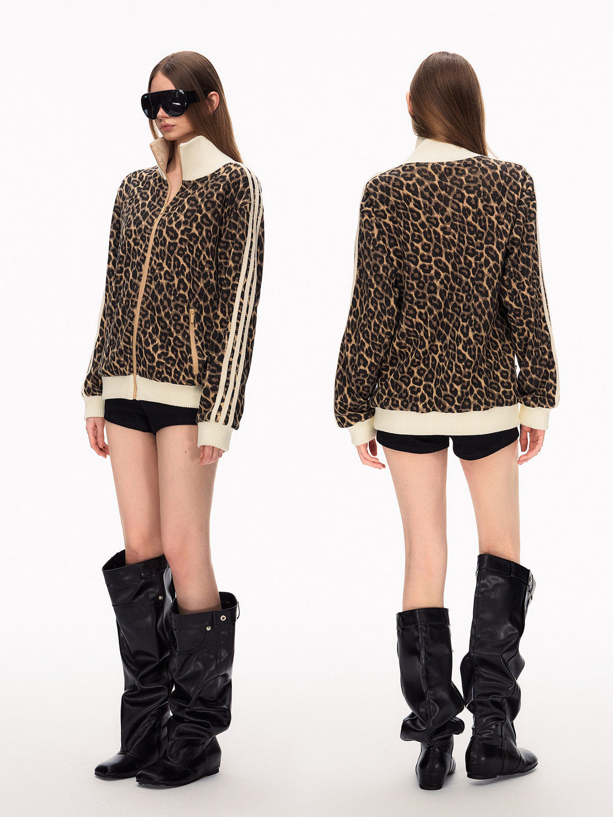 Unisex Retro Leopard Print Waffle Knit Cardigan Jacket