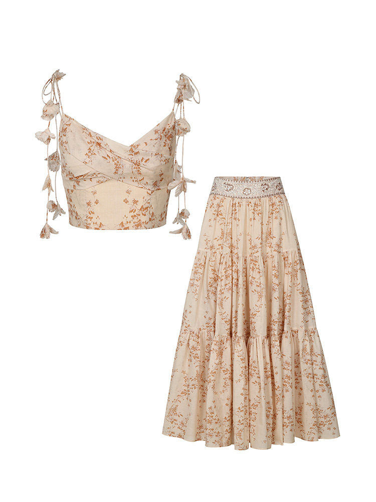 Vintage Floral Print Camisole Top And High Waist Skirt Two-Piece Set For Women