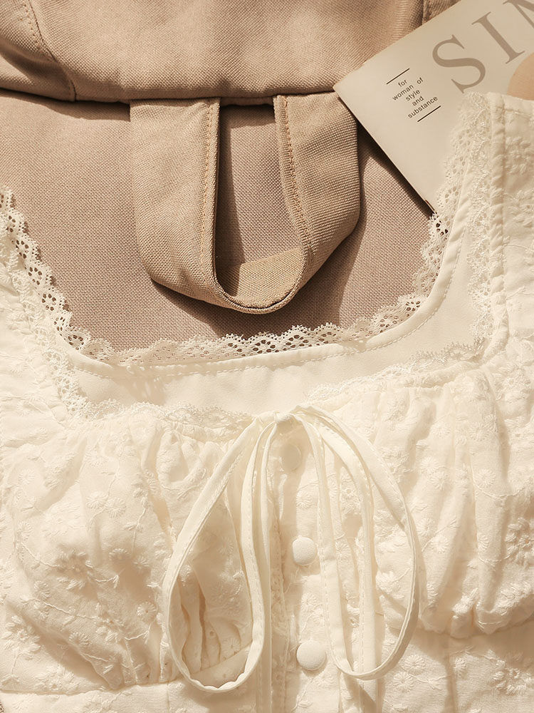 White Lace Camisole Top Summer Tie-Back Waist-Cinching Short for Women Secondary image