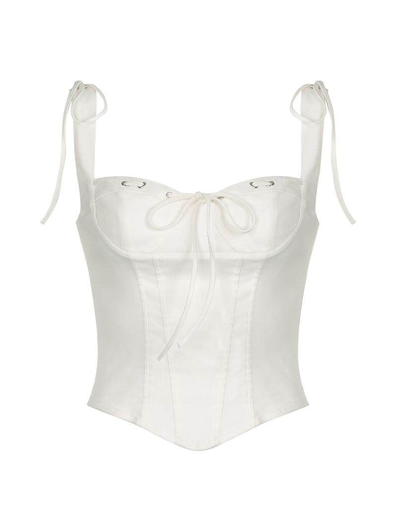 Women's White Tie-Detail Split Waist Camisole Top Sexy Low-Cut Slim