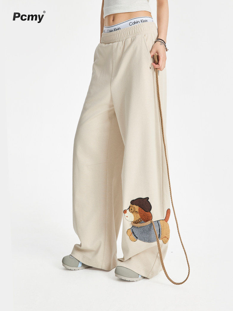 Leash Puppy Embroidery Straight Wide Leg Pants Casual Loose Walking Trousers Flattering Long Pants