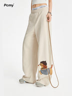 Leash Puppy Embroidery Straight Wide Leg Pants Casual Loose Walking Trousers Flattering Long Pants