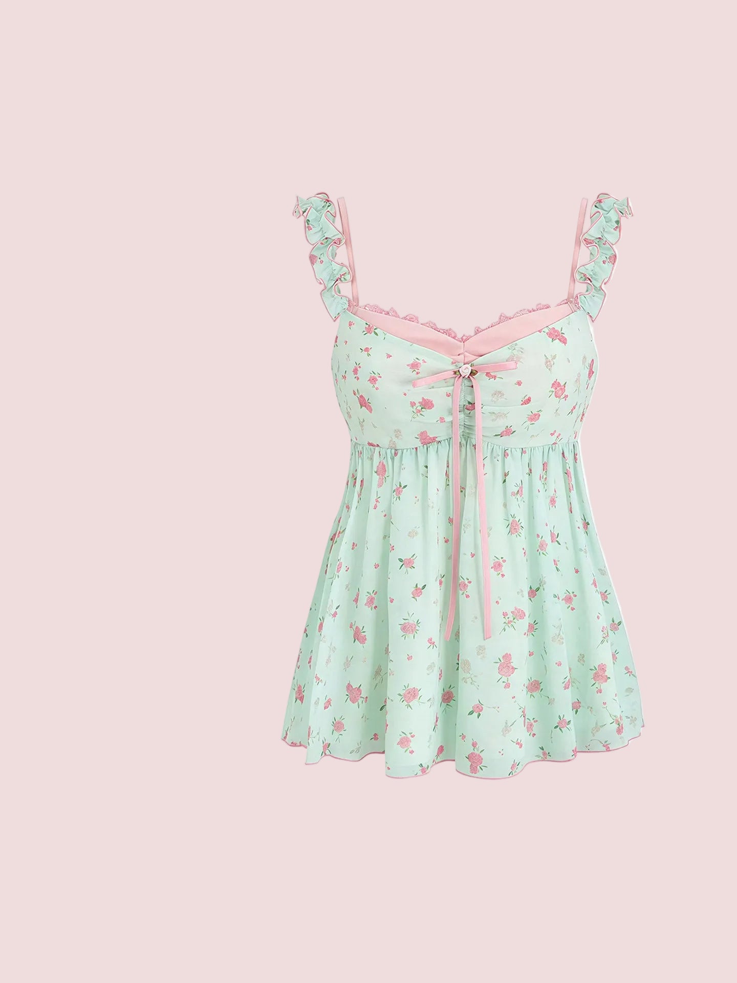 Pure Desire Sweet Floral Camisole Top Women's Mint Green Ruffle Loose Casual Secondary image
