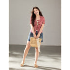 Women's Sweet Red and White Plaid Shirt and Denim Skirt Three-Piece Set