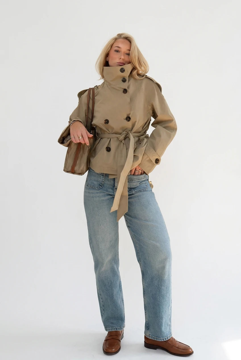 Khaki Cropped Trench Jacket | Double Breasted Stand Collar Casual Coat